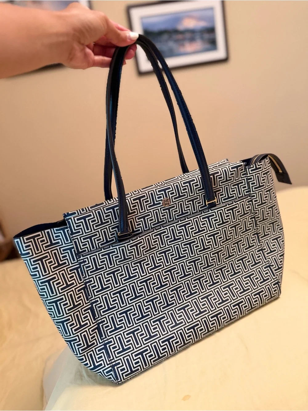 Tory Burch Navy and White Logo-Print Tote
